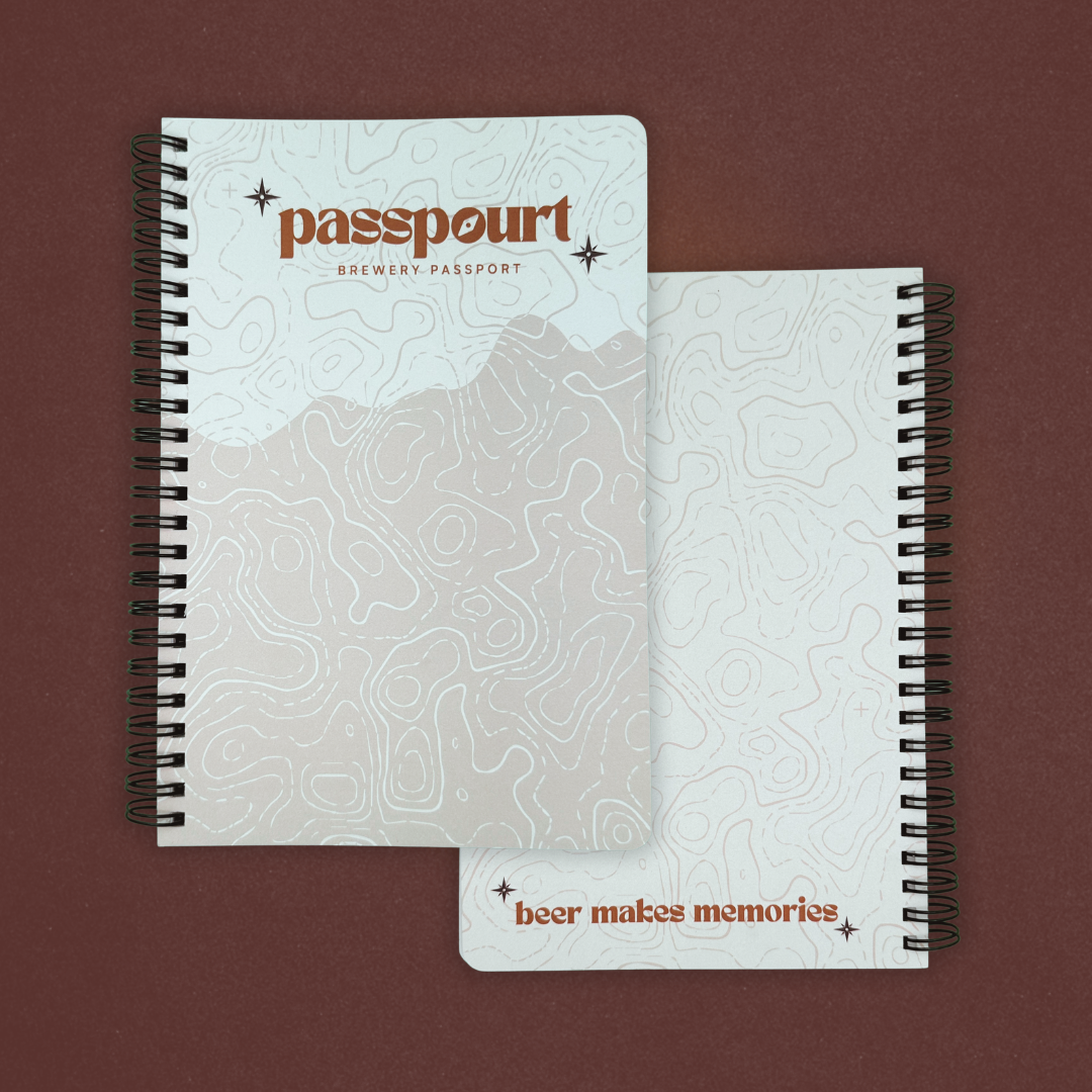 Two spiral-bound notebooks with 'passpourt' branding on a maroon background