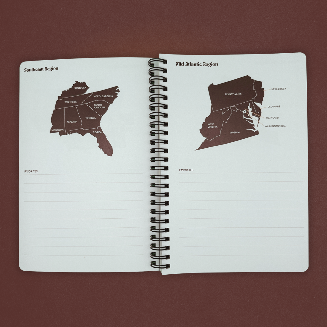 Spiral-bound notebook with maps of the Southeastern Region and Mid-Atlantic Region on a maroon background