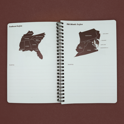 Spiral-bound notebook with maps of the Southeastern Region and Mid-Atlantic Region on a maroon background