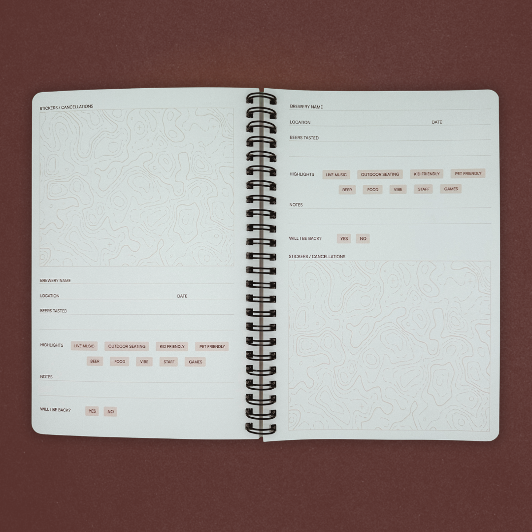 Open spiral-bound notebook with textured pages on a brown background